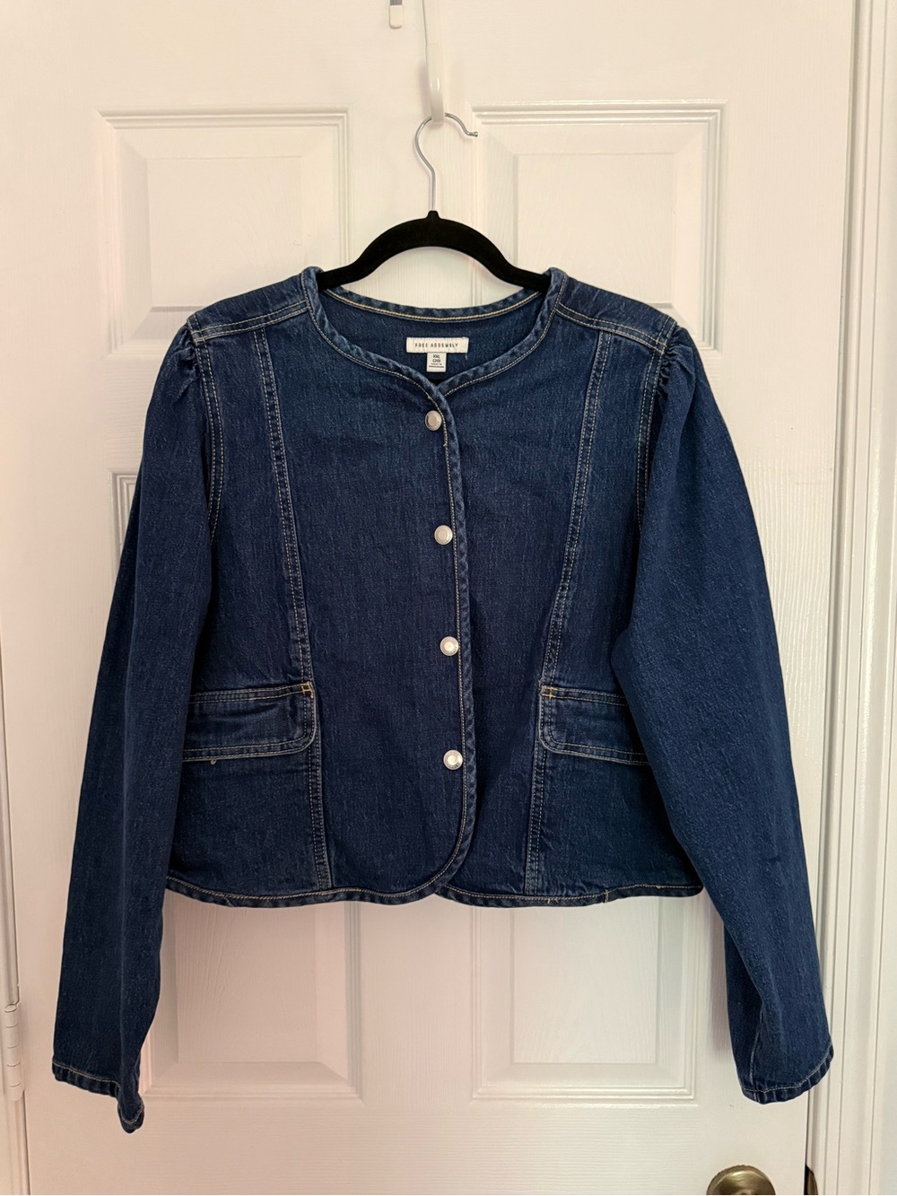 Free Assemby Dark Blue Denim Jacket XXL - Women's Collarless Button Front